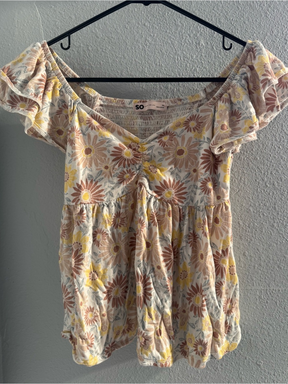 SO Floral Off-Shoulder Peplum Top in Yellow and Tan